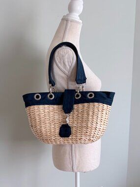 Vintage Avon Woven Straw and Blue Suede Satchel/Tote Bag